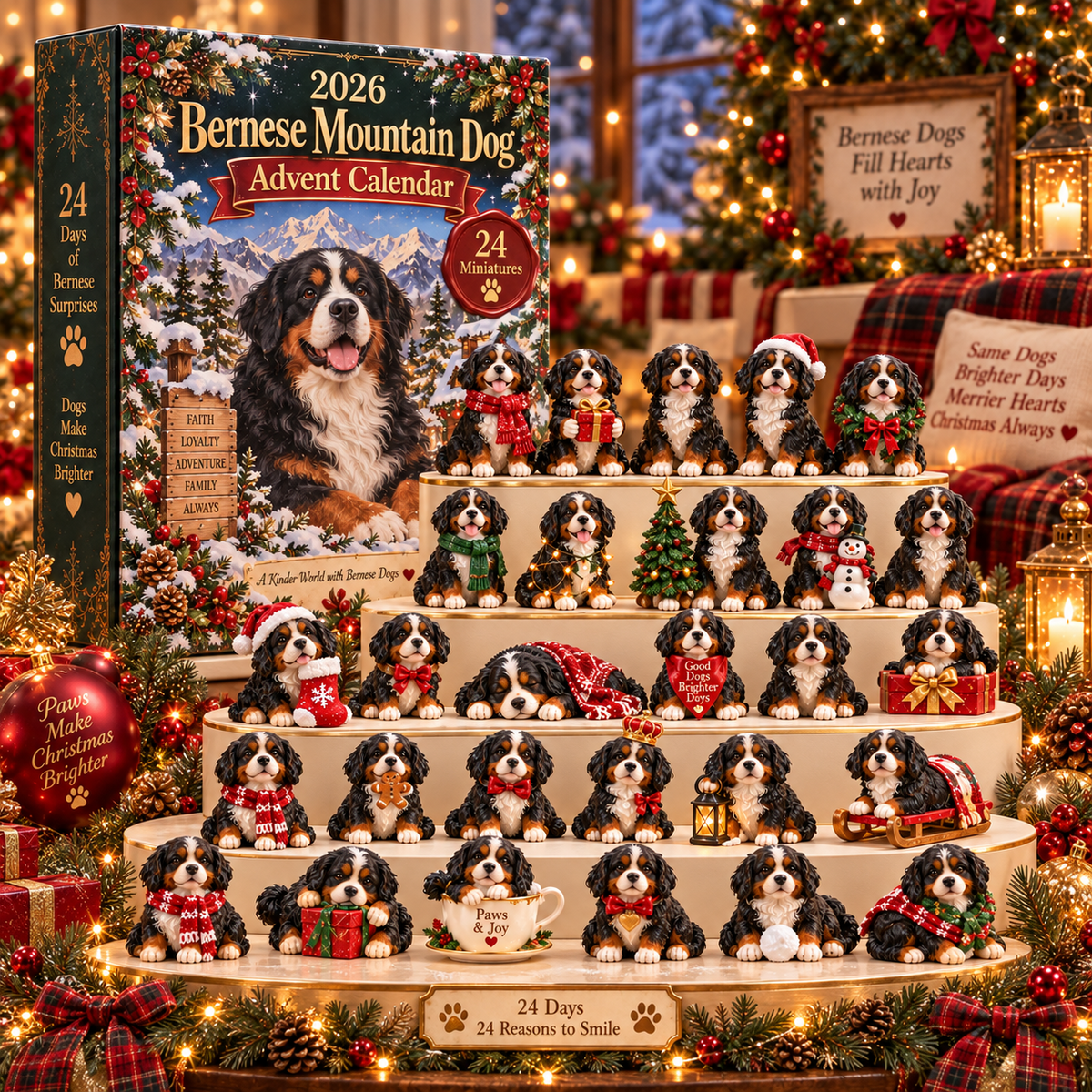 Complete 24 piece Bernese Mountain Dog Christmas collectible display