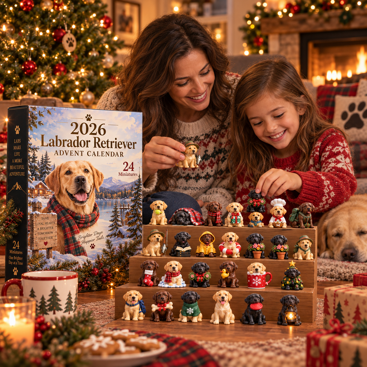 Mother and daughter enjoying Labrador Christmas collectibles