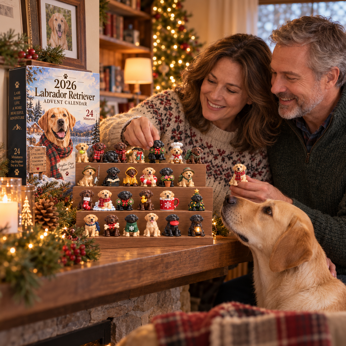 Couple and Labrador displaying Labrador Advent Calendar miniatures