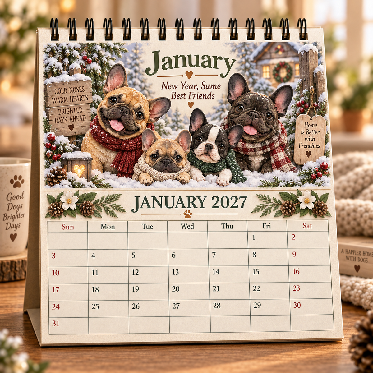 January 2027 French Bulldog Family Calendar snowy winter scene