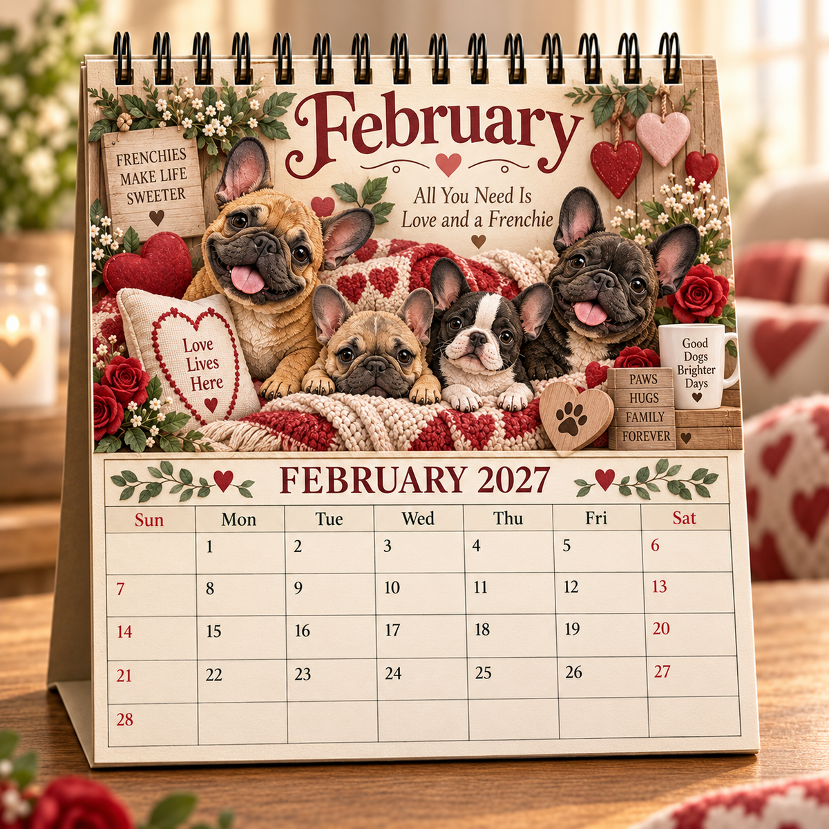 February 2027 French Bulldog Family Calendar Valentine scene