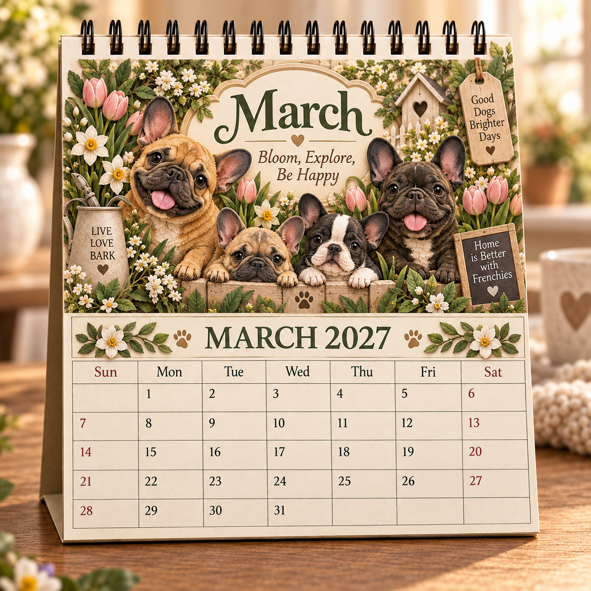 March 2027 French Bulldog Family Calendar spring garden