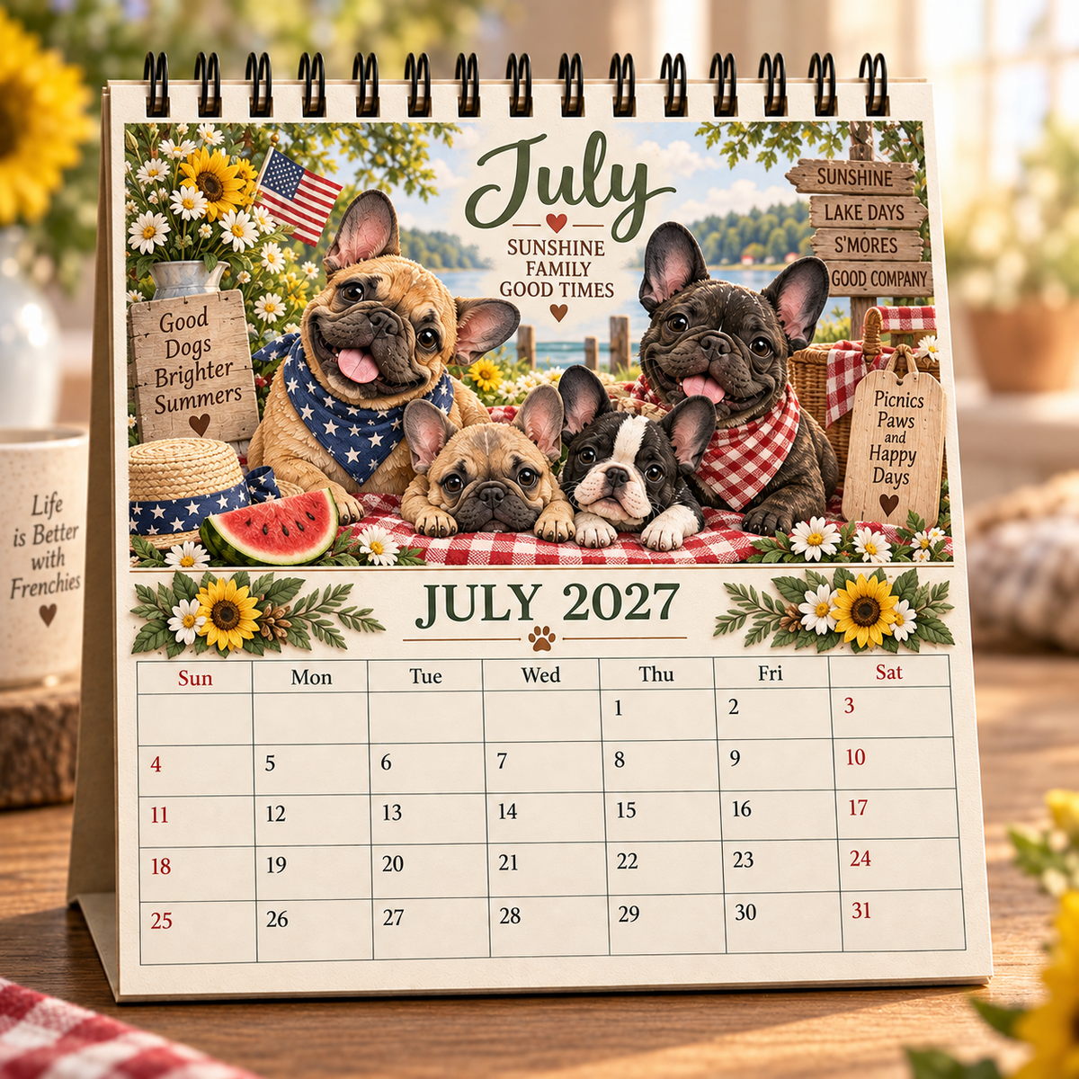 July 2027 French Bulldog Family Calendar summer picnic
