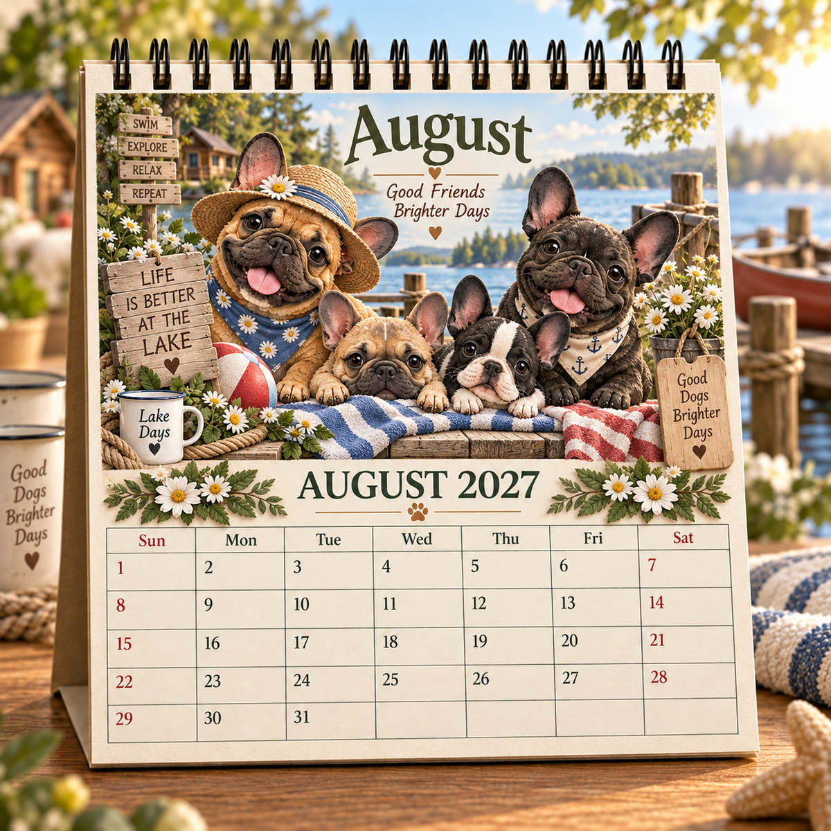 August 2027 French Bulldog calendar with monthly planning grid