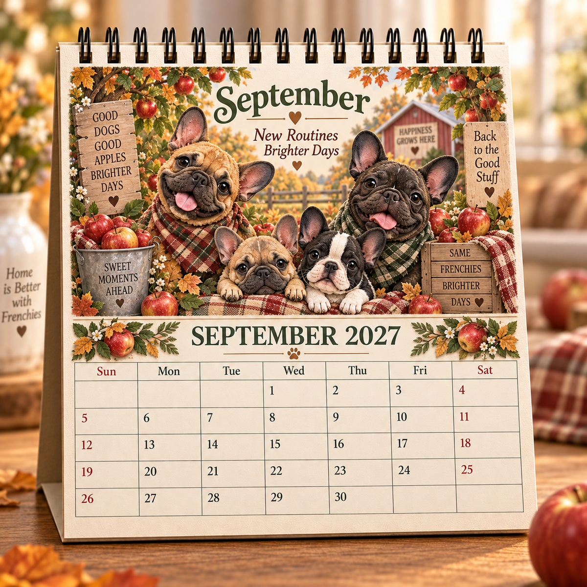 September 2027 French Bulldog Family Calendar apple orchard scene