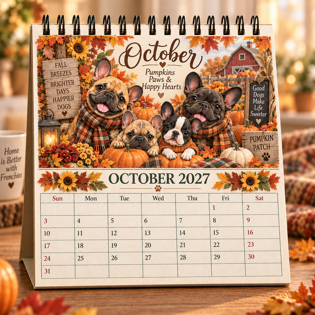 October 2027 French Bulldog Family Calendar pumpkin patch