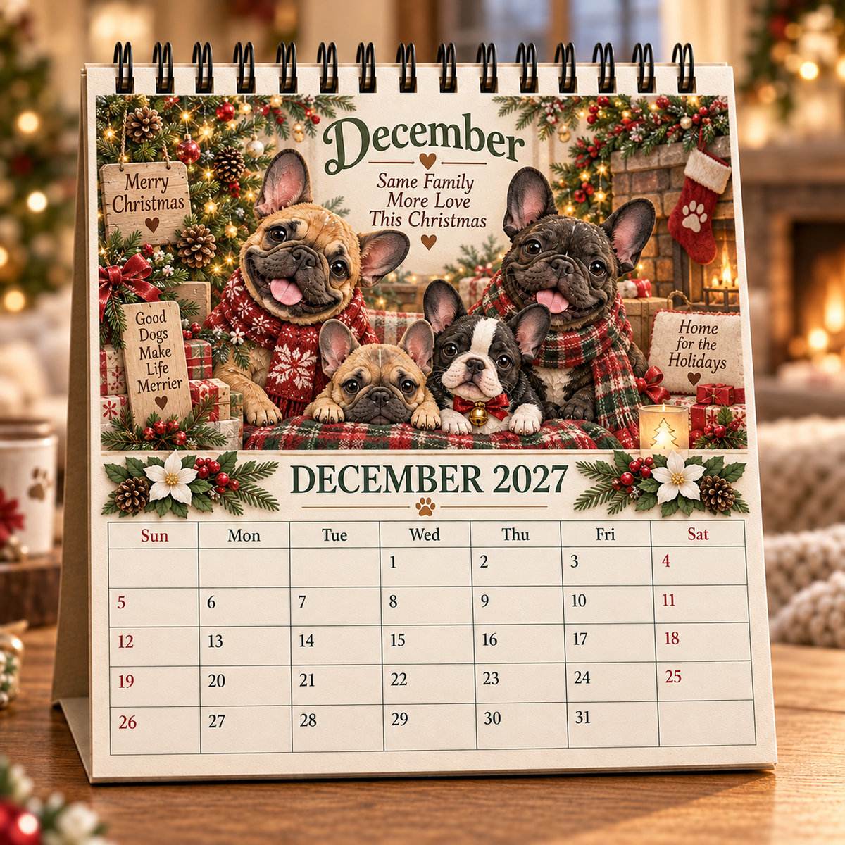 December 2027 French Bulldog Family Calendar Christmas scene