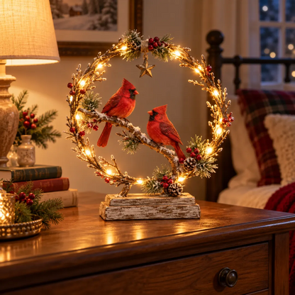 Warm glowing cardinal pair on rustic tabletop