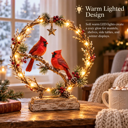 Warm LED cardinal decoration glowing beside a winter window