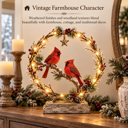 Lighted cardinal decoration in vintage farmhouse home decor