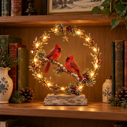 Cardinal light displayed on a bookshelf