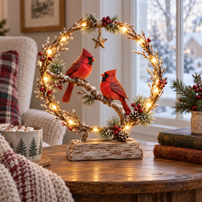 Cardinal tabletop decor beside a snowy winter window