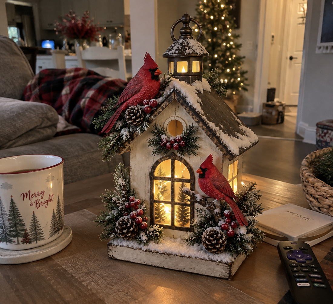 Winter Haven Cardinal Cottage Lantern in a real living room