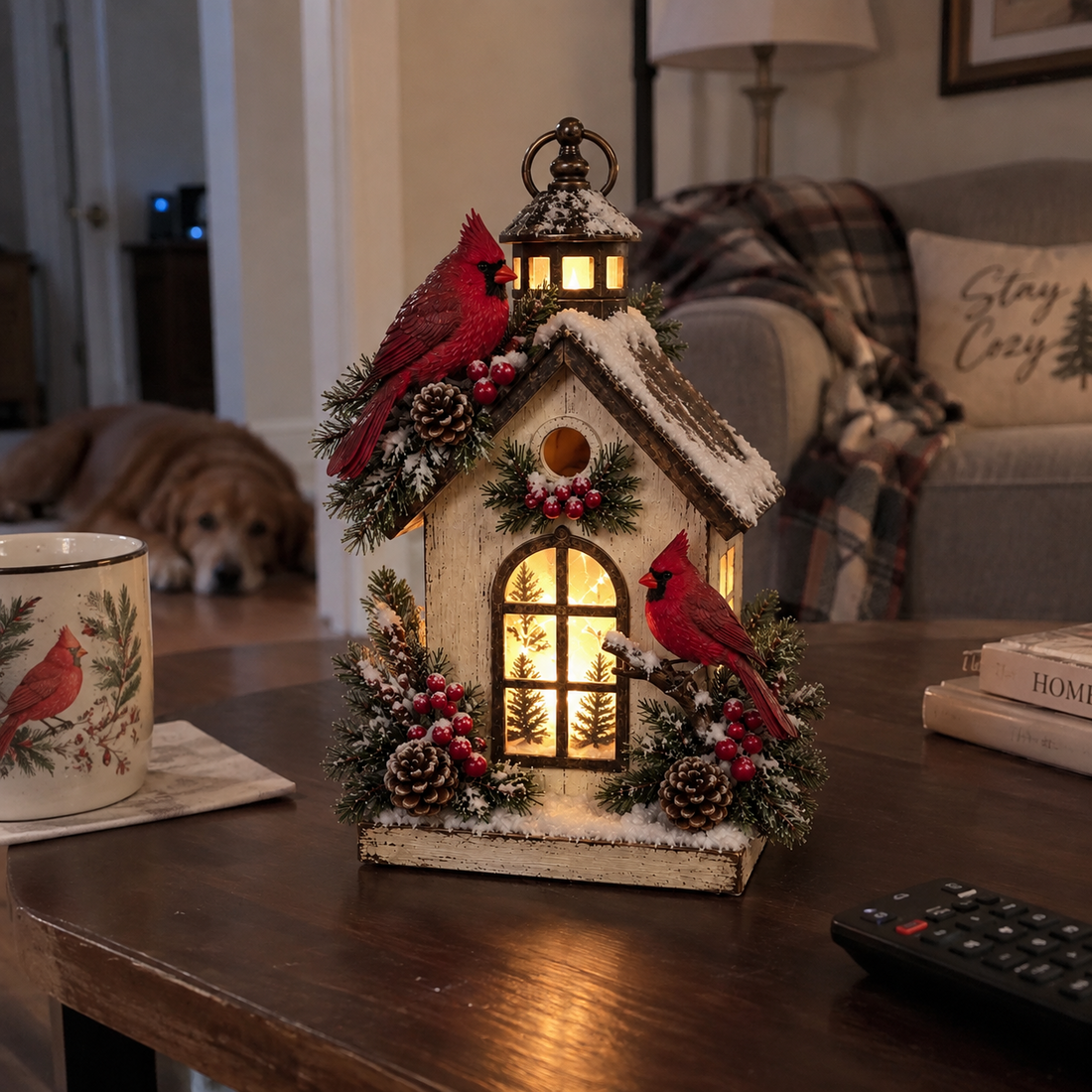 Cardinal Cottage Lantern glowing in everyday home