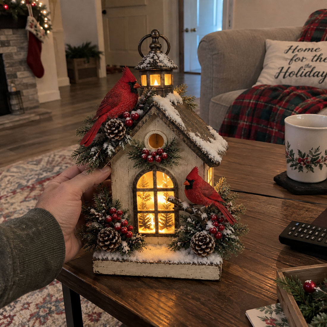 Hand holding Winter Haven Cardinal Cottage Lantern for scale