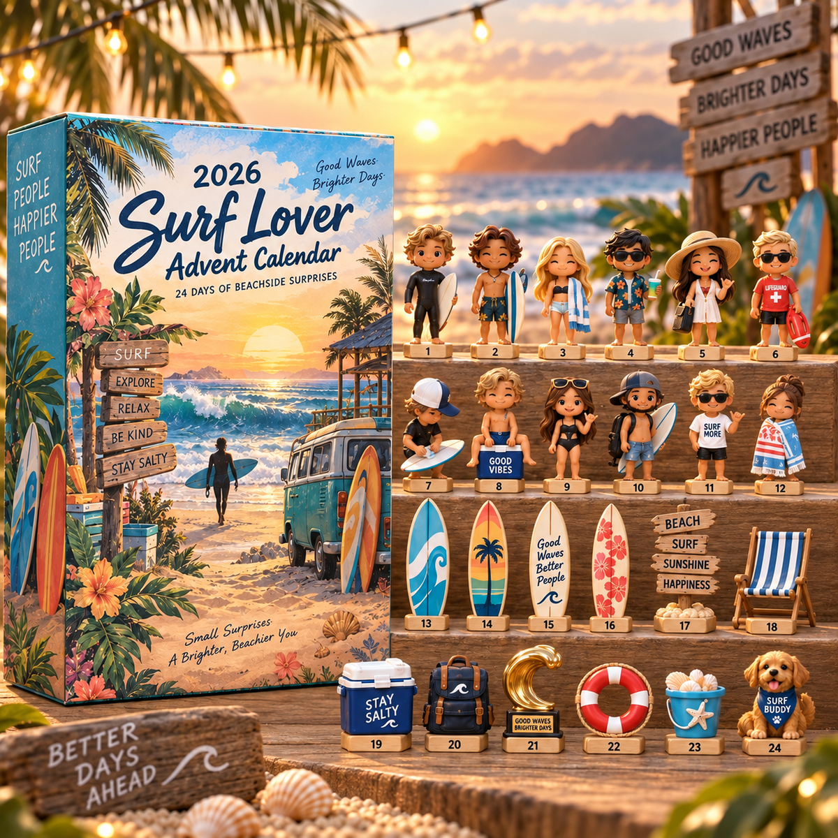 Surf Lover Advent Calendar displayed at sunset