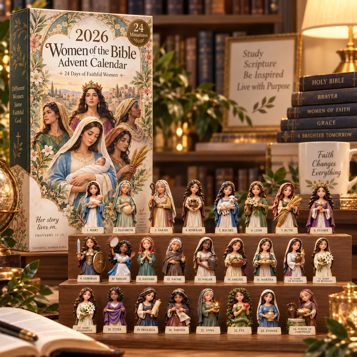 Women of the Bible complete miniature collection in a warm Bible study setting
