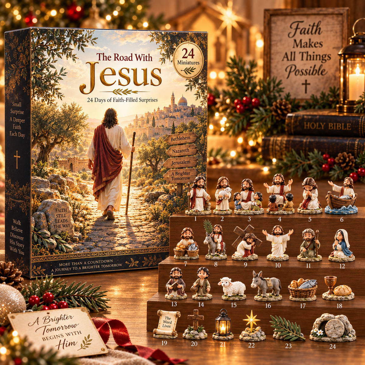 The Road With Jesus collection displayed along a warm faith inspired journey