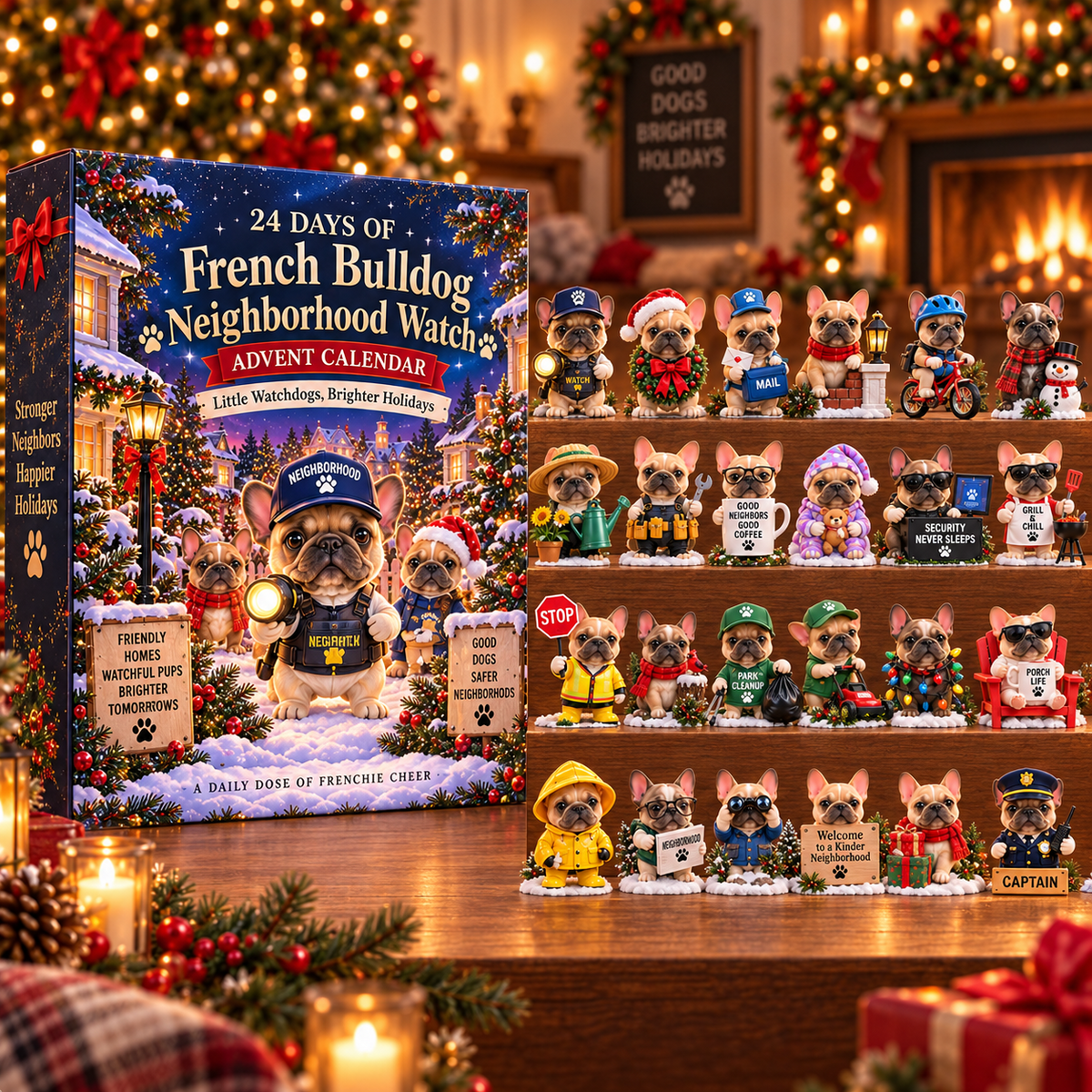 French Bulldog Neighborhood Watch Advent Calendar with 24 Frenchie characters