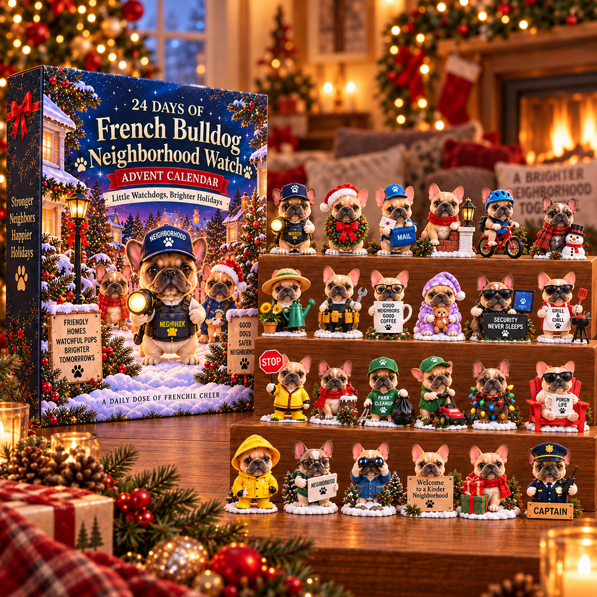 French Bulldog Neighborhood Watch characters displayed in four rows