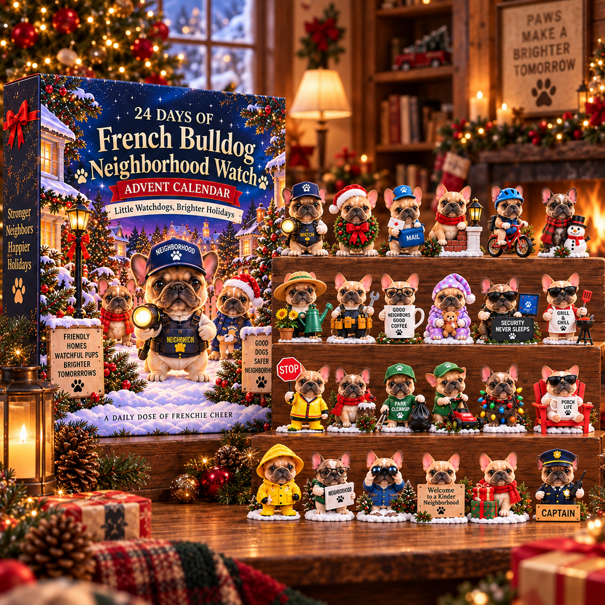24 French Bulldog Neighborhood Watch figures arranged in a Christmas home