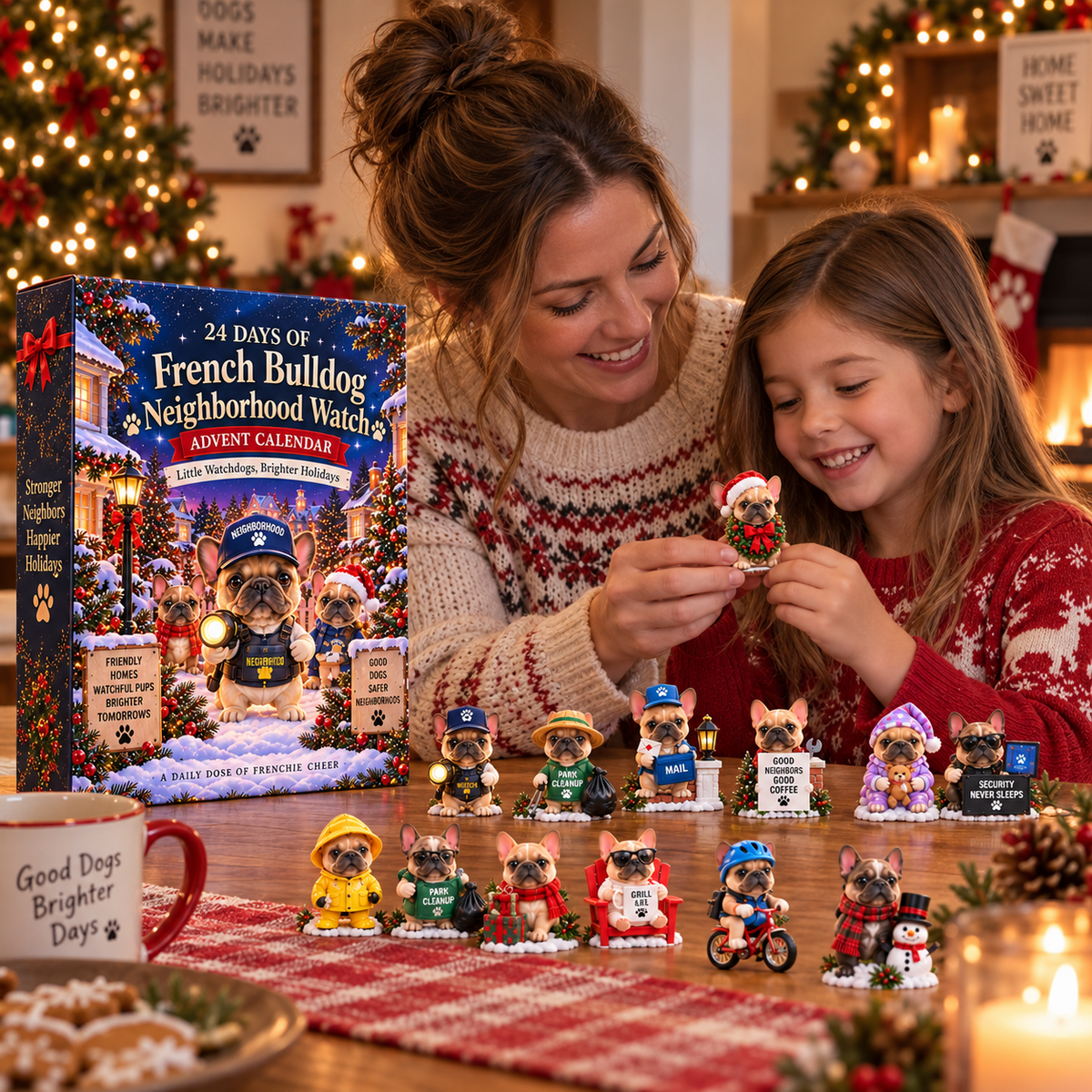 Mother and daughter enjoying the French Bulldog Advent Calendar together