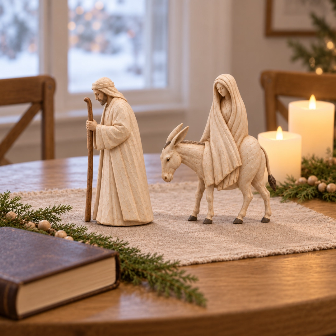 Journey to Bethlehem Nativity figurines on Christmas dining table
