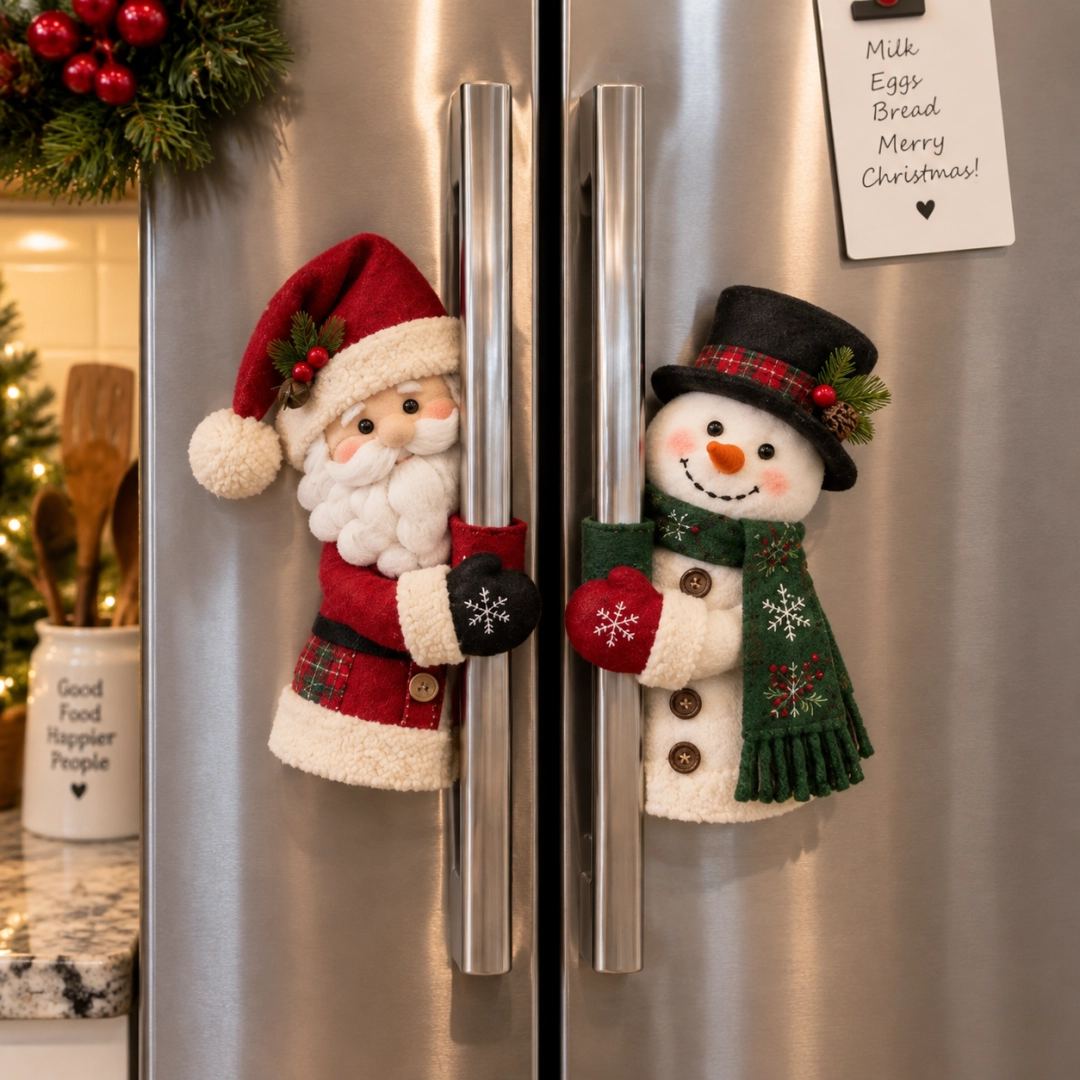 Santa and Snowman Christmas Handle Huggers on refrigerator