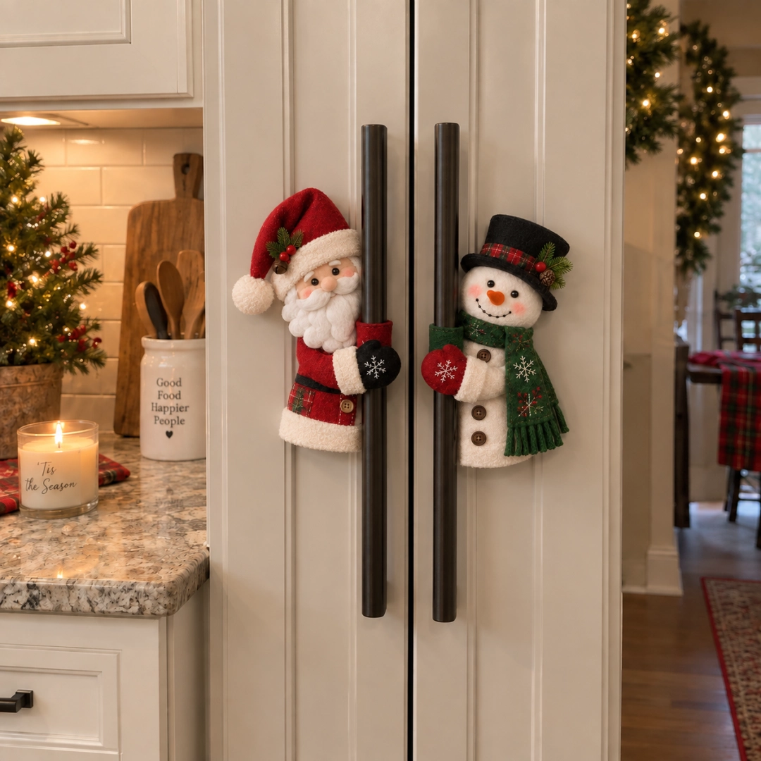 Santa and Snowman Handle Huggers in cozy Christmas kitchen