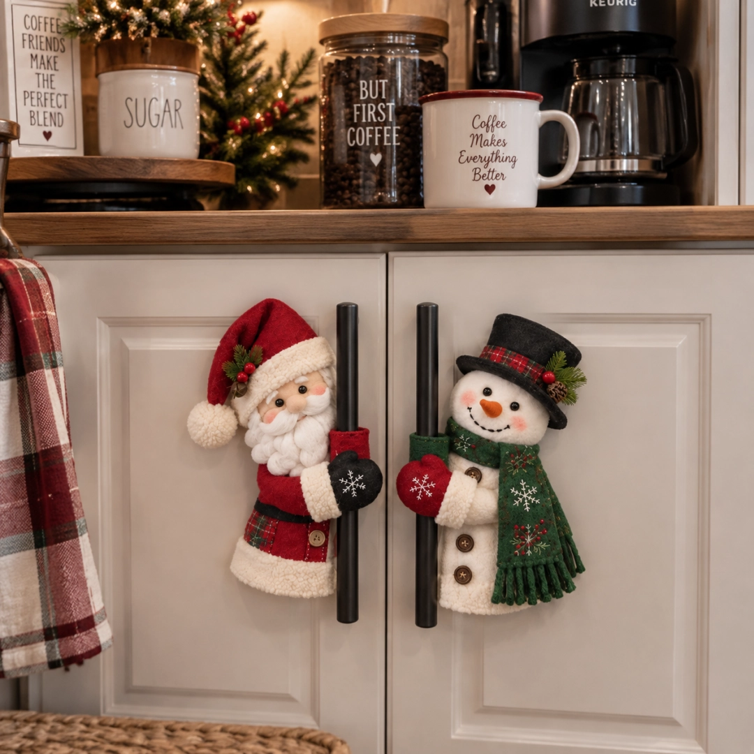 Santa and Snowman Handle Huggers on kitchen cabinet handles