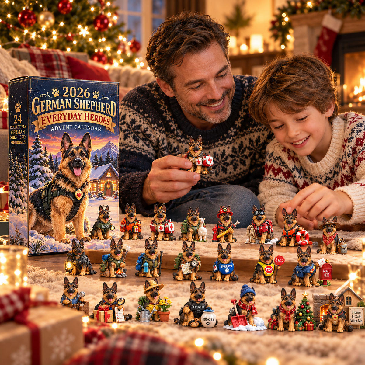 Father and son enjoying German Shepherd Advent collectibles