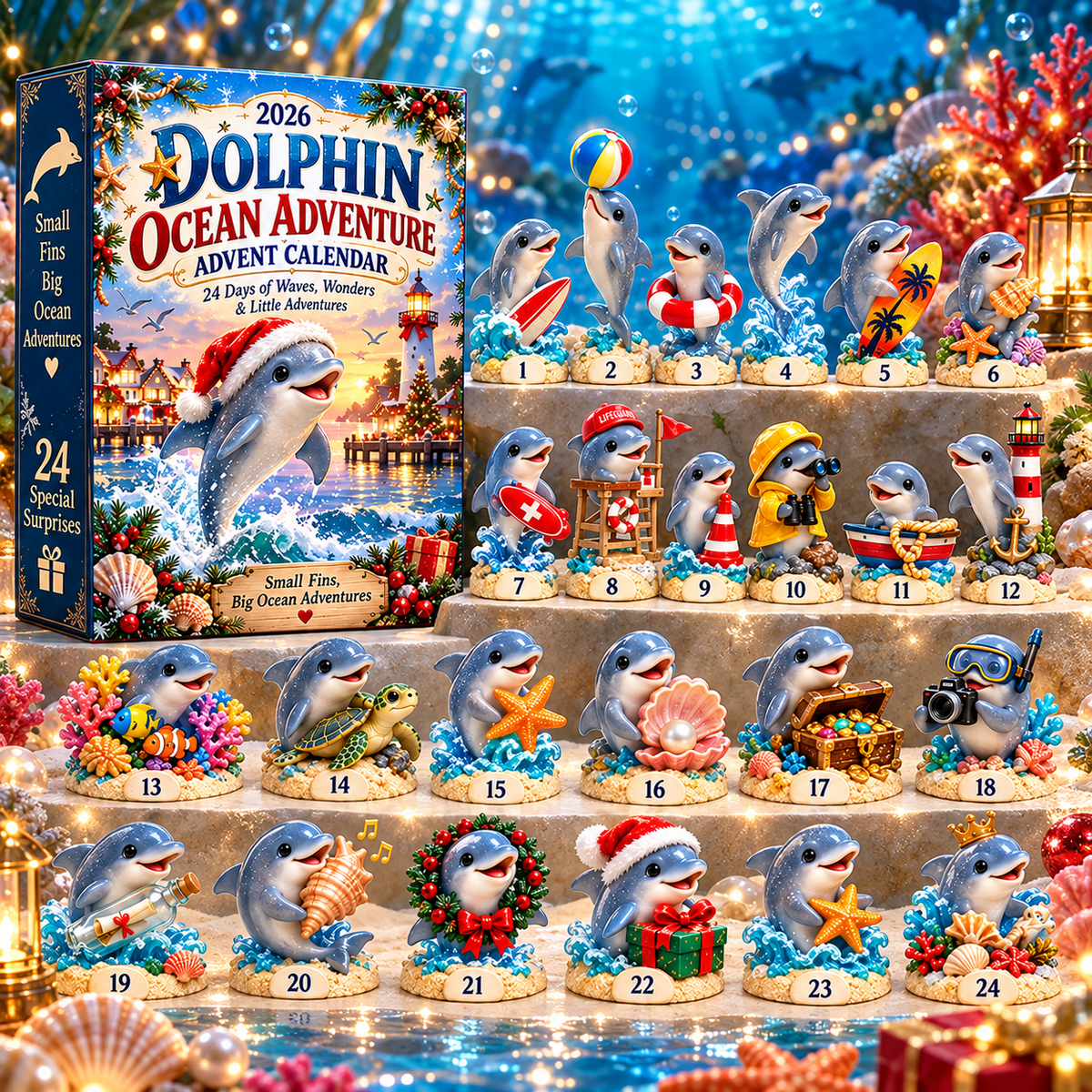 Dolphin collectibles with coral treasure pearl and underwater adventure details
