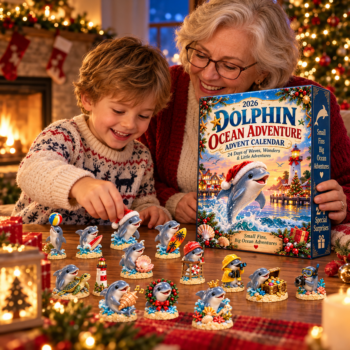 Grandmother and child enjoying Dolphin Advent Calendar collectibles
