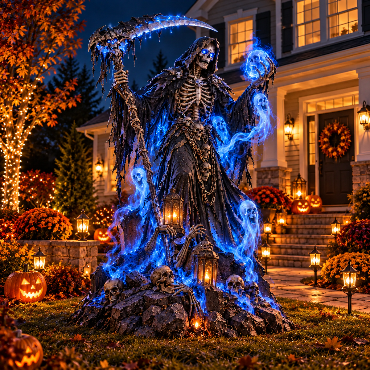 Blue glowing soul Grim Reaper contrasted with warm Halloween lights