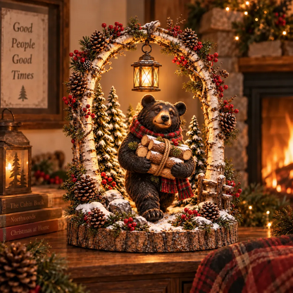 🐻🌲Lighted Woodland Christmas Bear Scene 🕯️– Rustic Northwoods Holiday Tabletop Decor