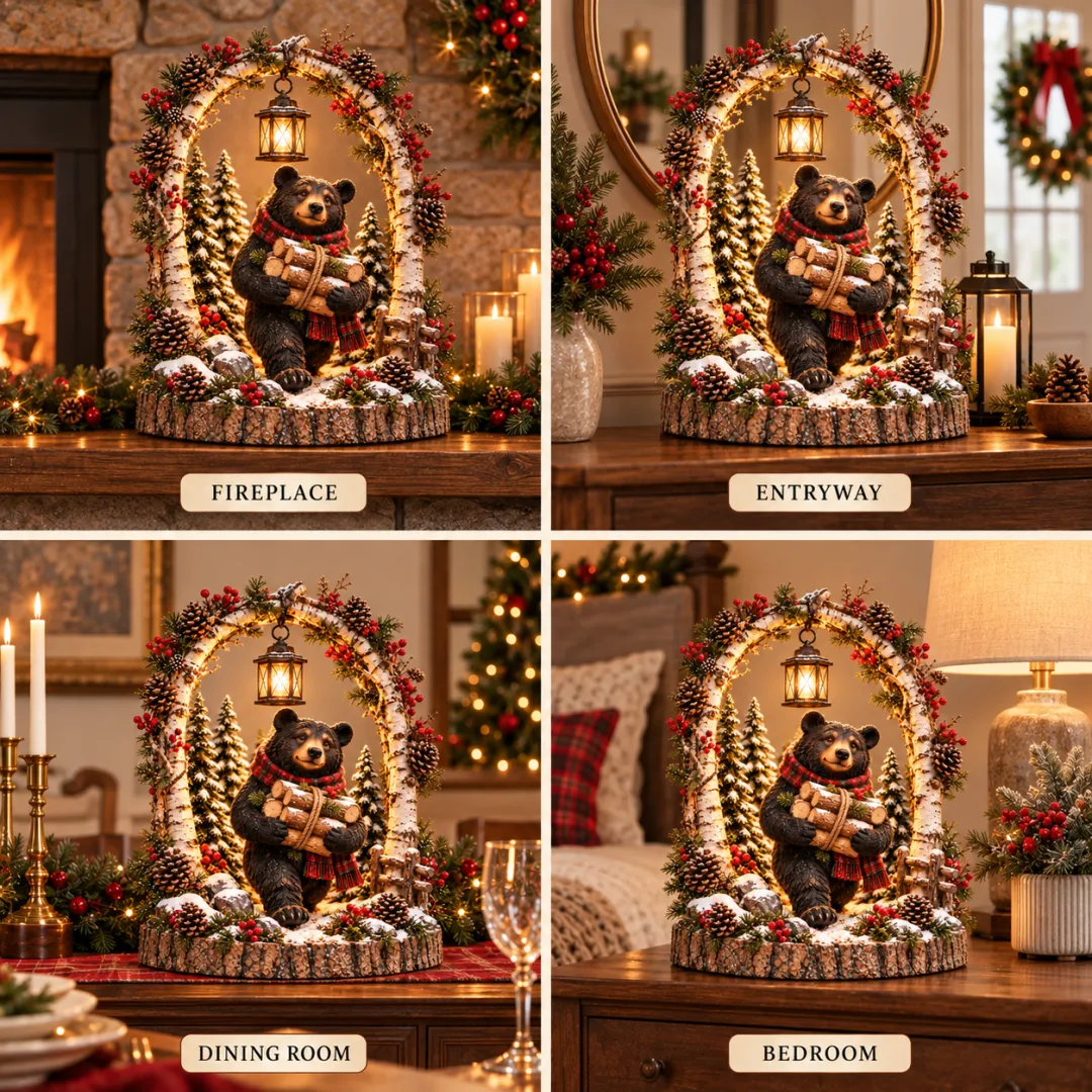 🐻🌲Lighted Woodland Christmas Bear Scene 🕯️– Rustic Northwoods Holiday Tabletop Decor