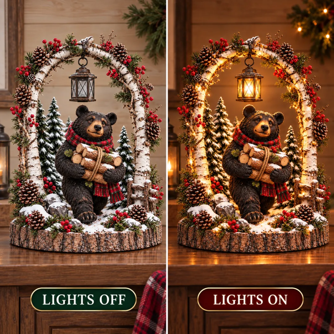 🐻🌲Lighted Woodland Christmas Bear Scene 🕯️– Rustic Northwoods Holiday Tabletop Decor