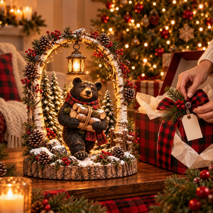🐻🌲Lighted Woodland Christmas Bear Scene 🕯️– Rustic Northwoods Holiday Tabletop Decor
