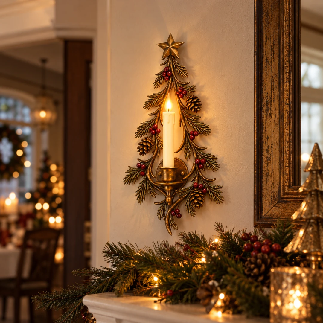 Old World Christmas Tree Candle Sconce glowing on a Christmas wall