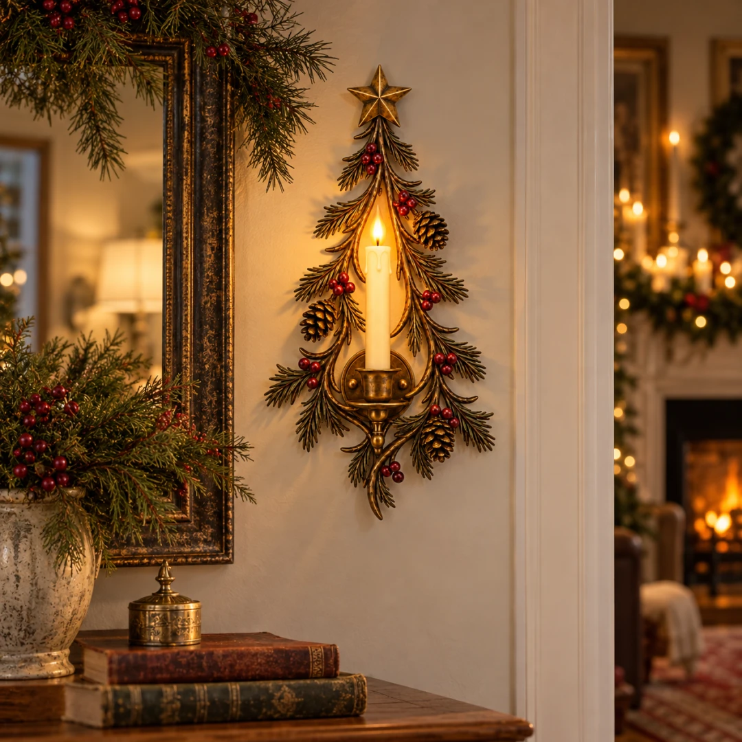 Christmas Tree Candle Sconce beside an antique mirror and console