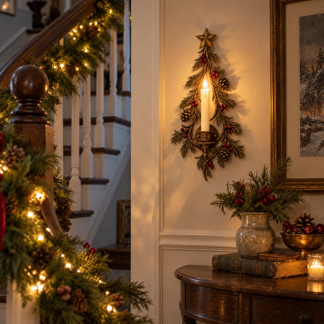 Old World Christmas Tree Candle Sconce near a decorated staircase