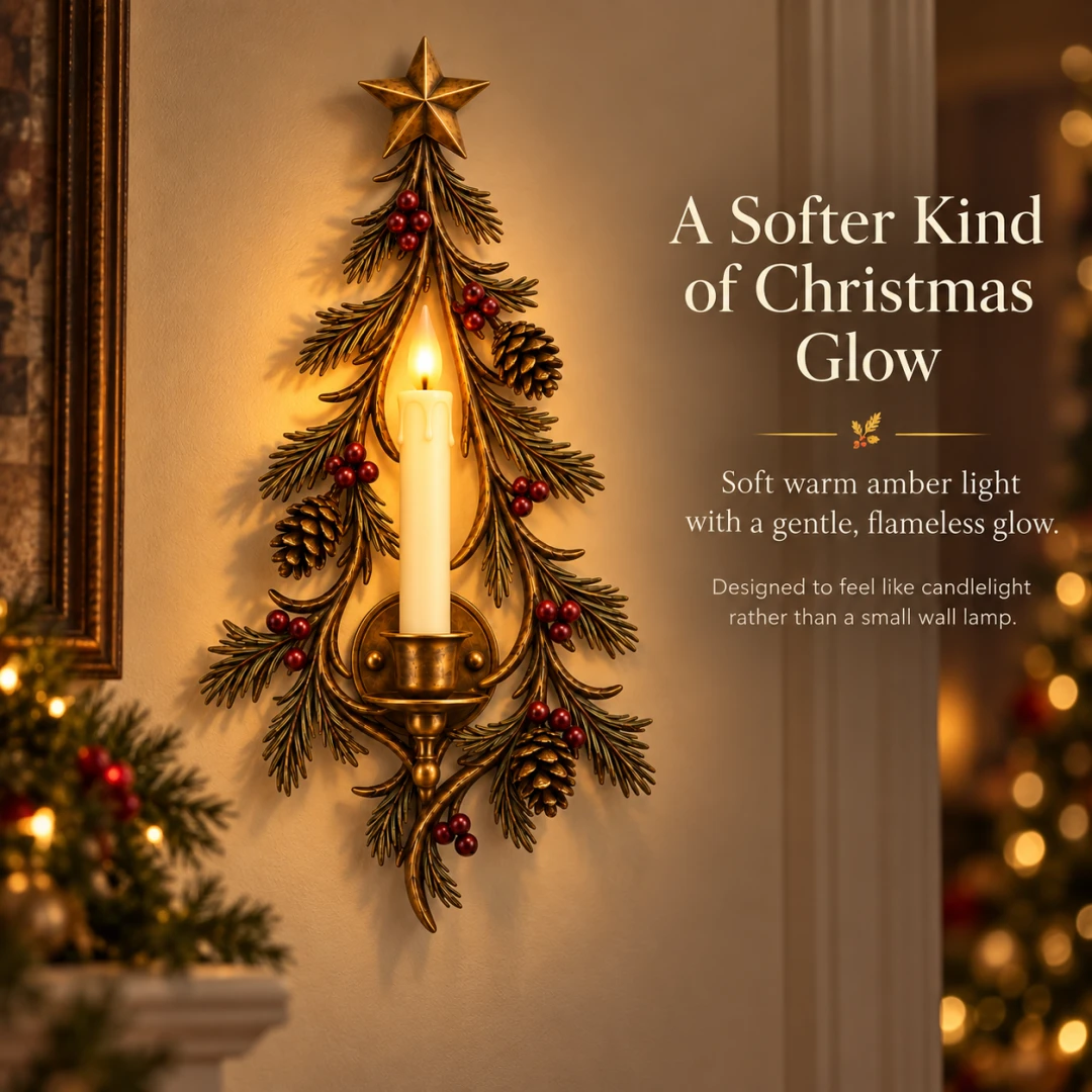 Warm amber flameless candle glowing in antique brass Christmas tree sconce