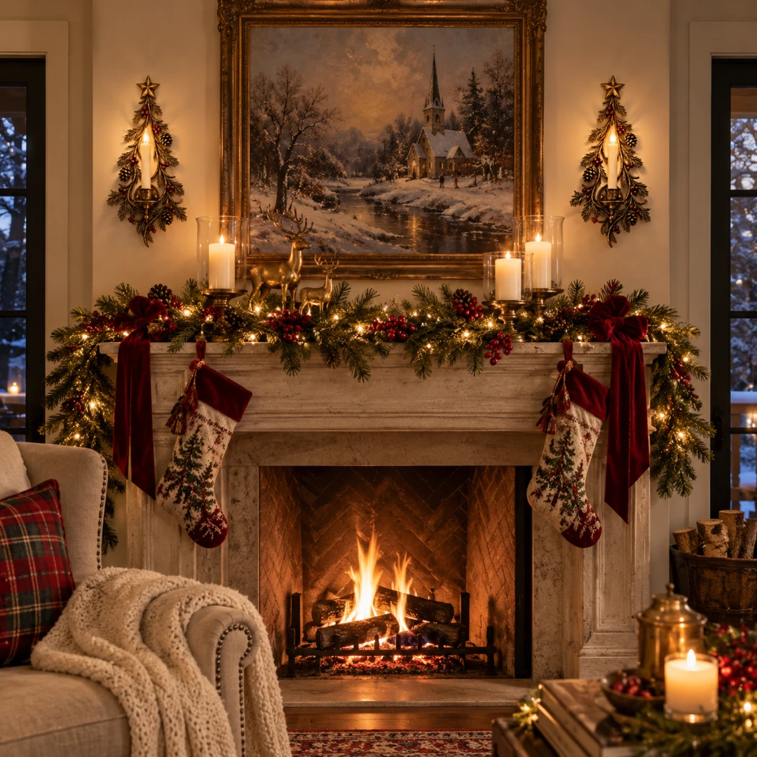 Pair of Old World Christmas Tree Candle Sconces around a fireplace