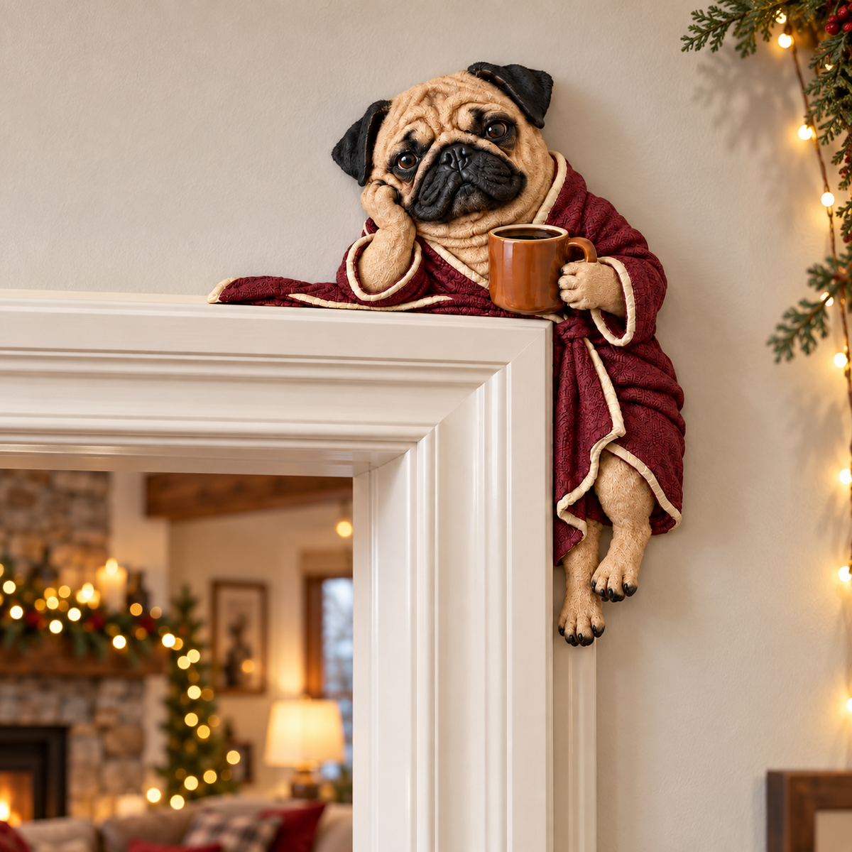 Cozy Coffee Pug resting on the top corner of a decorated doorway