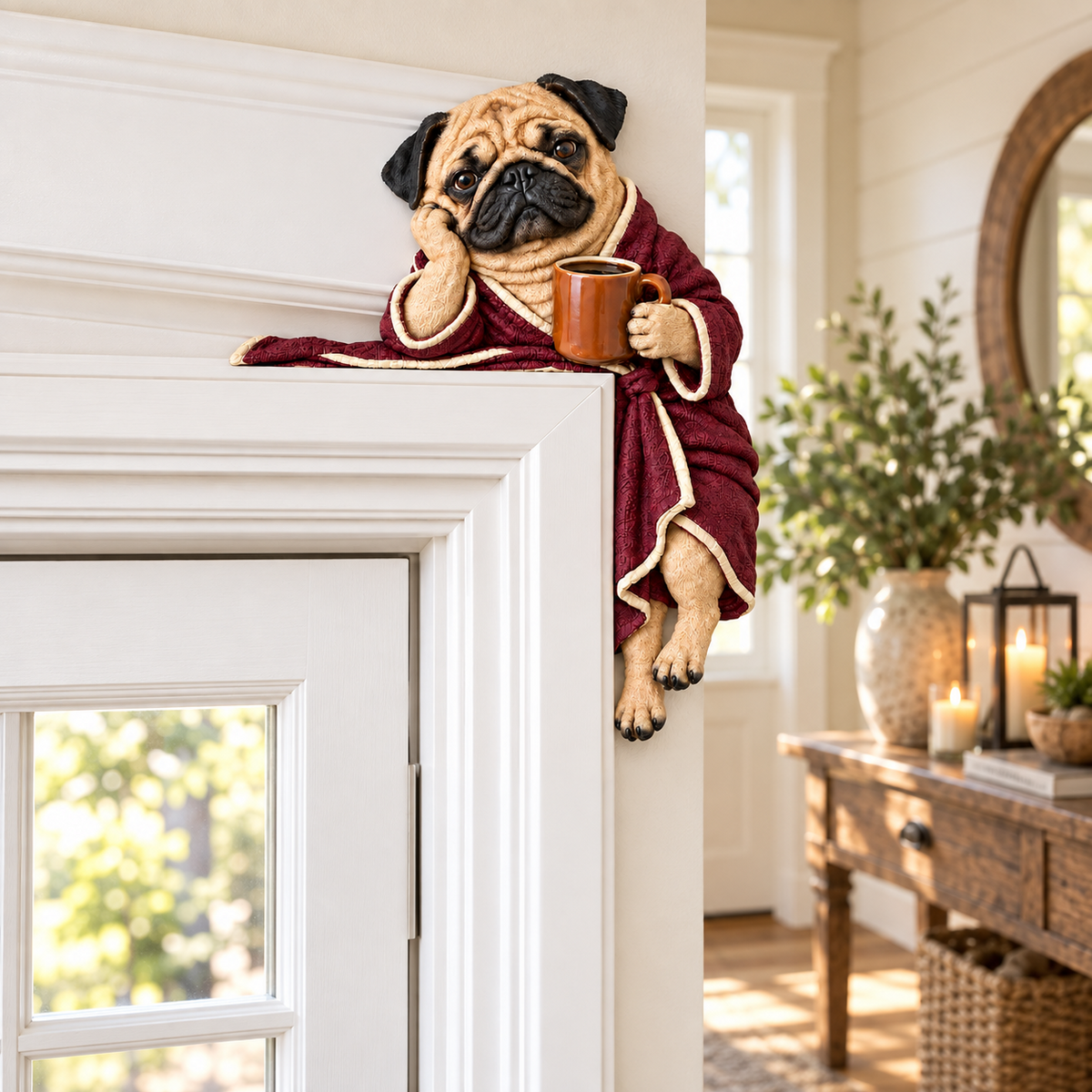 Cozy Coffee Pug Door Corner Topper in a bright everyday home entry