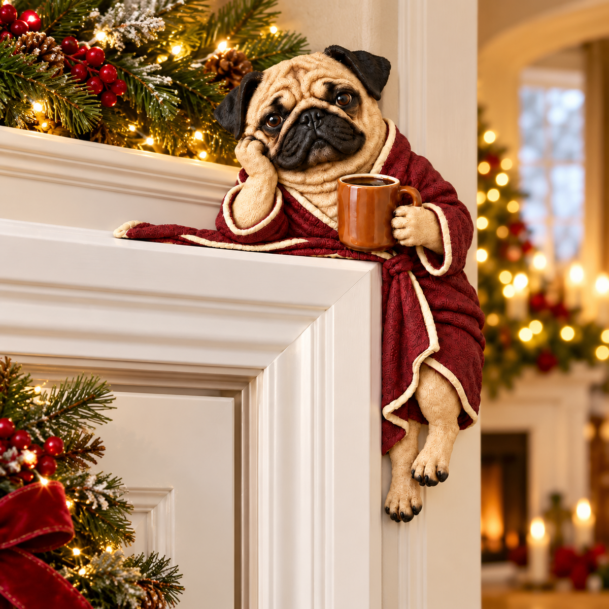 Cozy Coffee Pug Door Corner Topper in a Christmas doorway