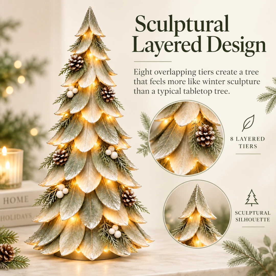 Eight layered sculptural tiers on the Winterleaf Glow Christmas Tree