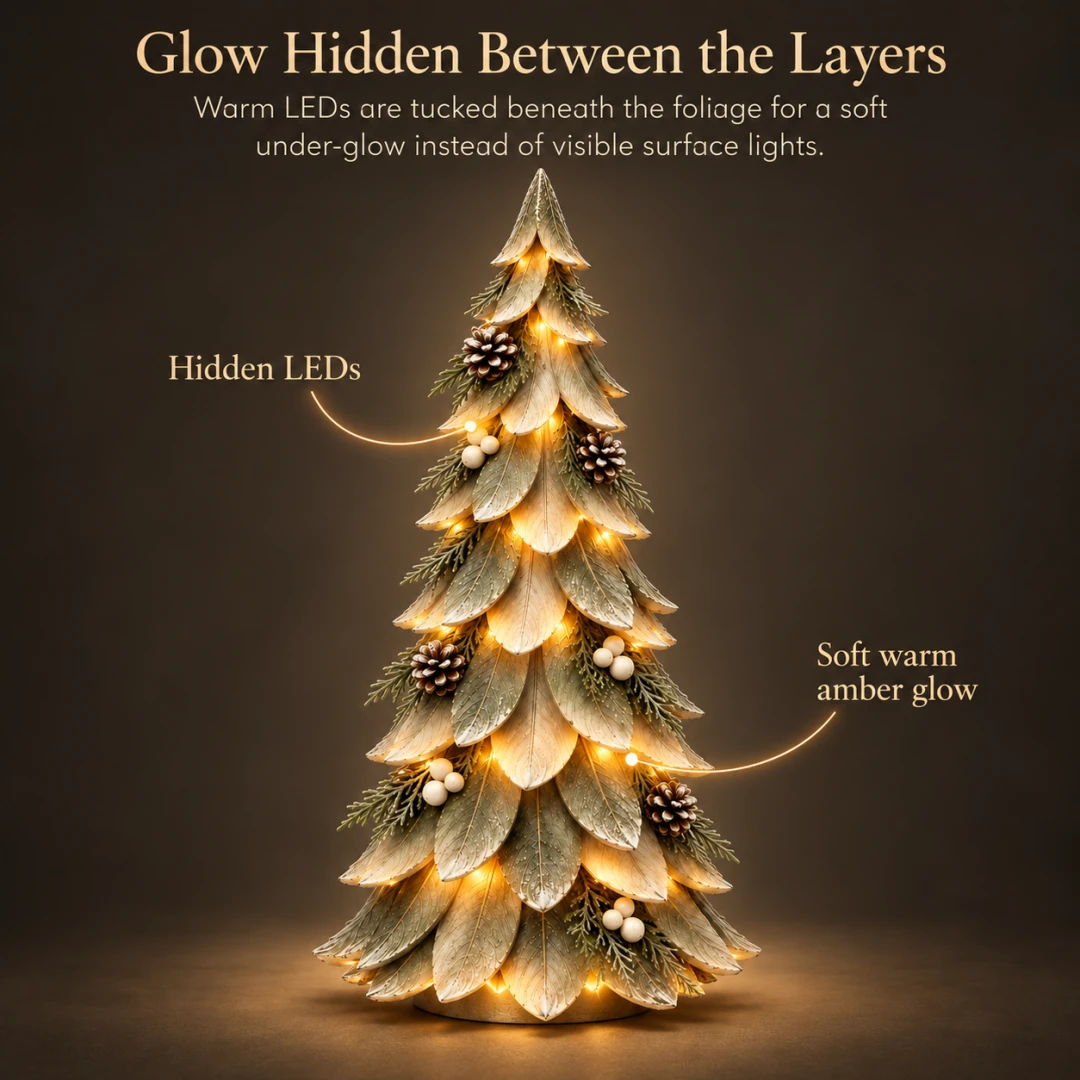 Hidden warm LED lights glowing beneath the layered foliage