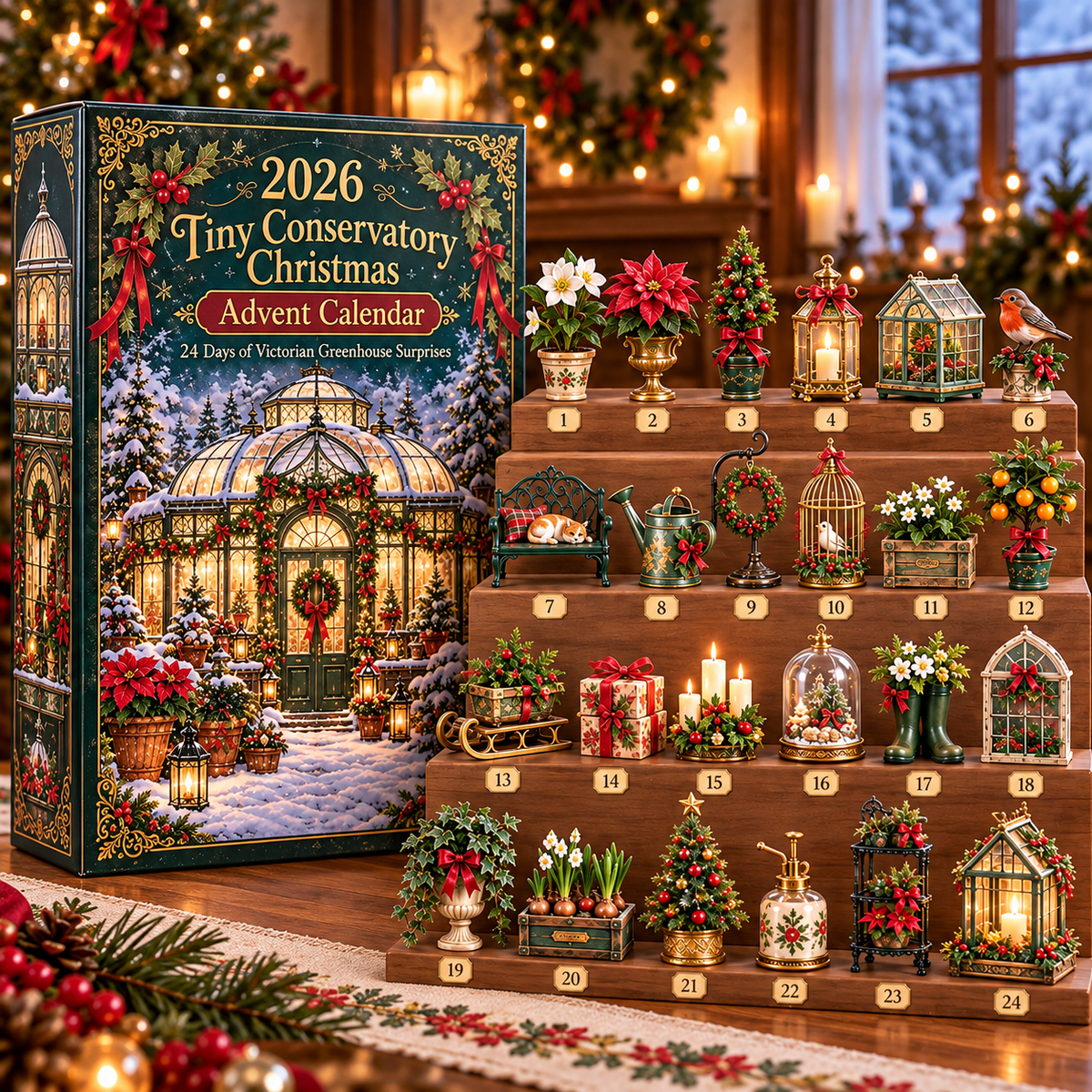 Twenty-four Tiny Conservatory Christmas collectibles