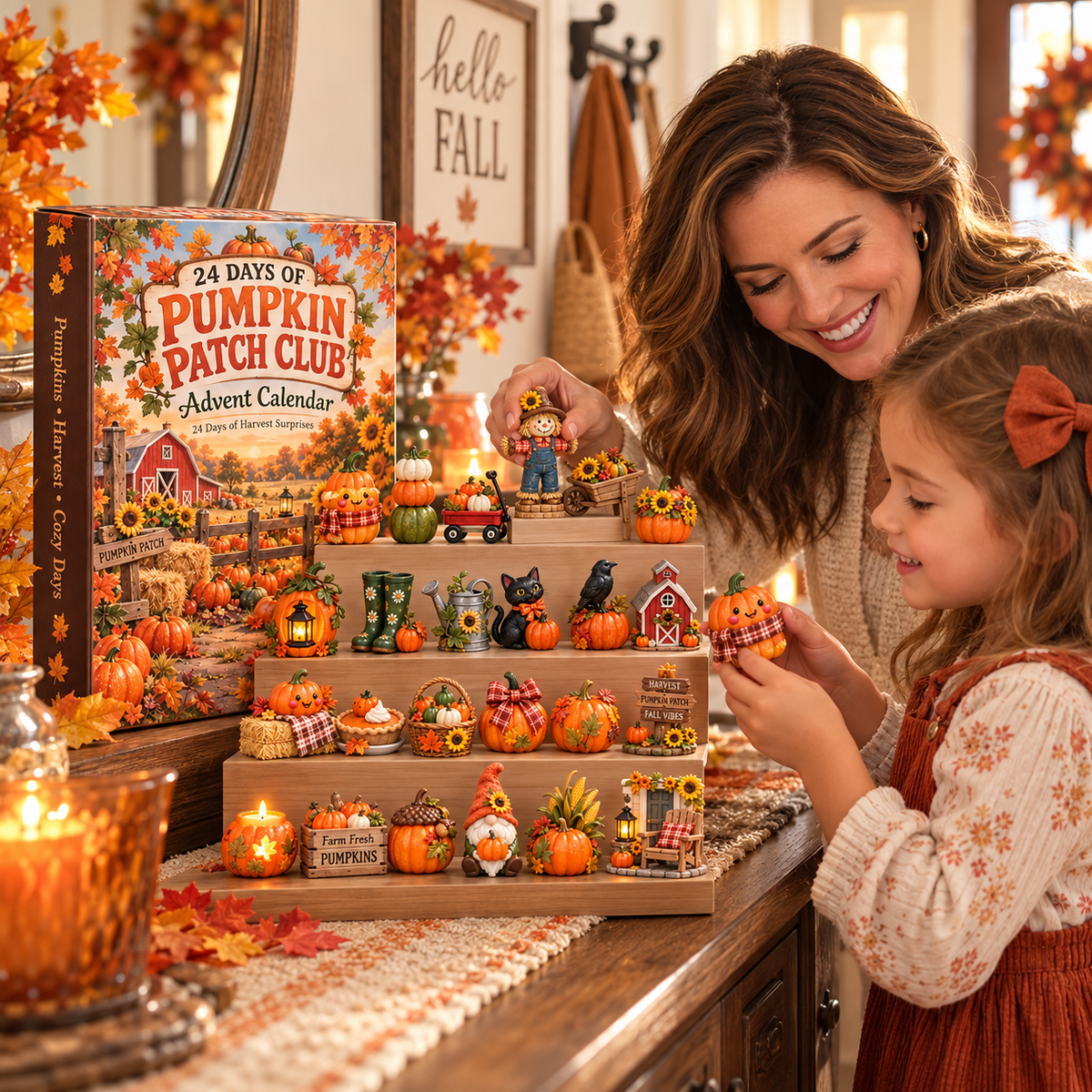 Mother and daughter enjoying Pumpkin Patch Club collectibles